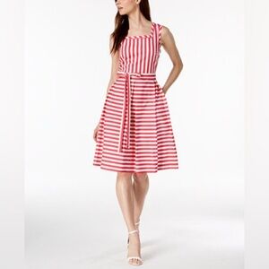 Anne Klein Women’s Square Neck Striped Self-Belted Fit & Flare Dress Size 6 NWOT